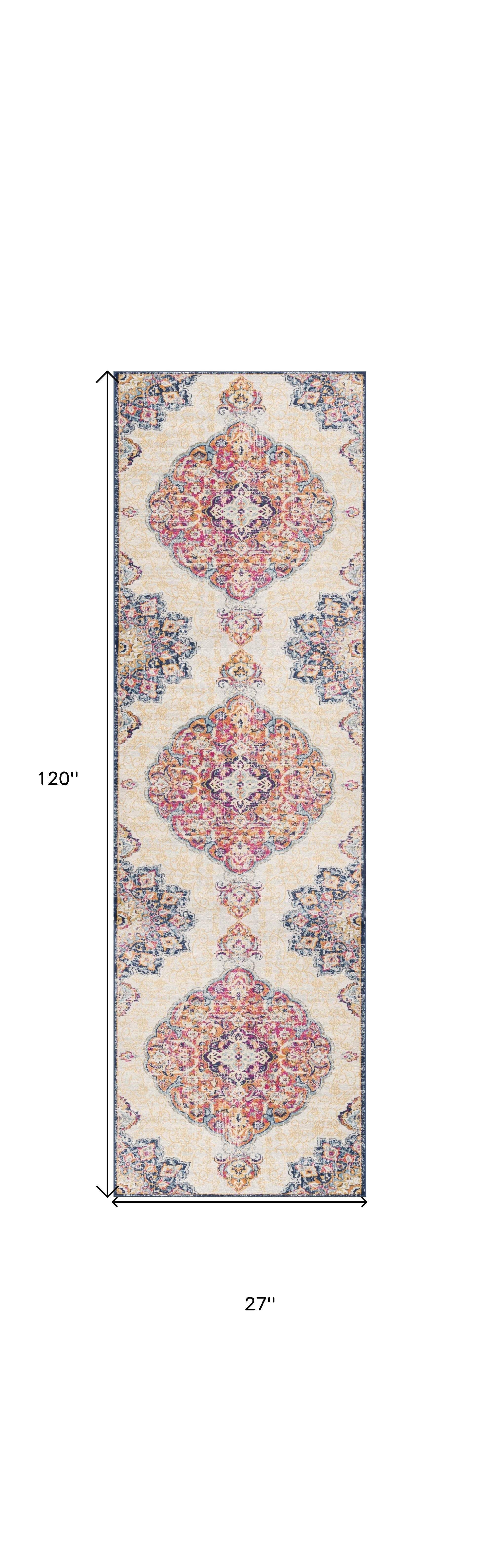 10' Runner Blue and Beige Medallion Runner Rug - Homeroots - Flyclothing LLC