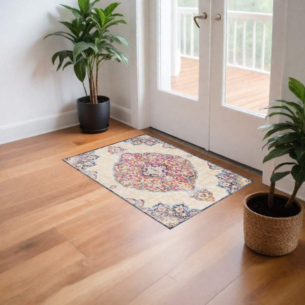 2' X 4' Blue and Beige Medallion Area Rug - Homeroots - Flyclothing LLC