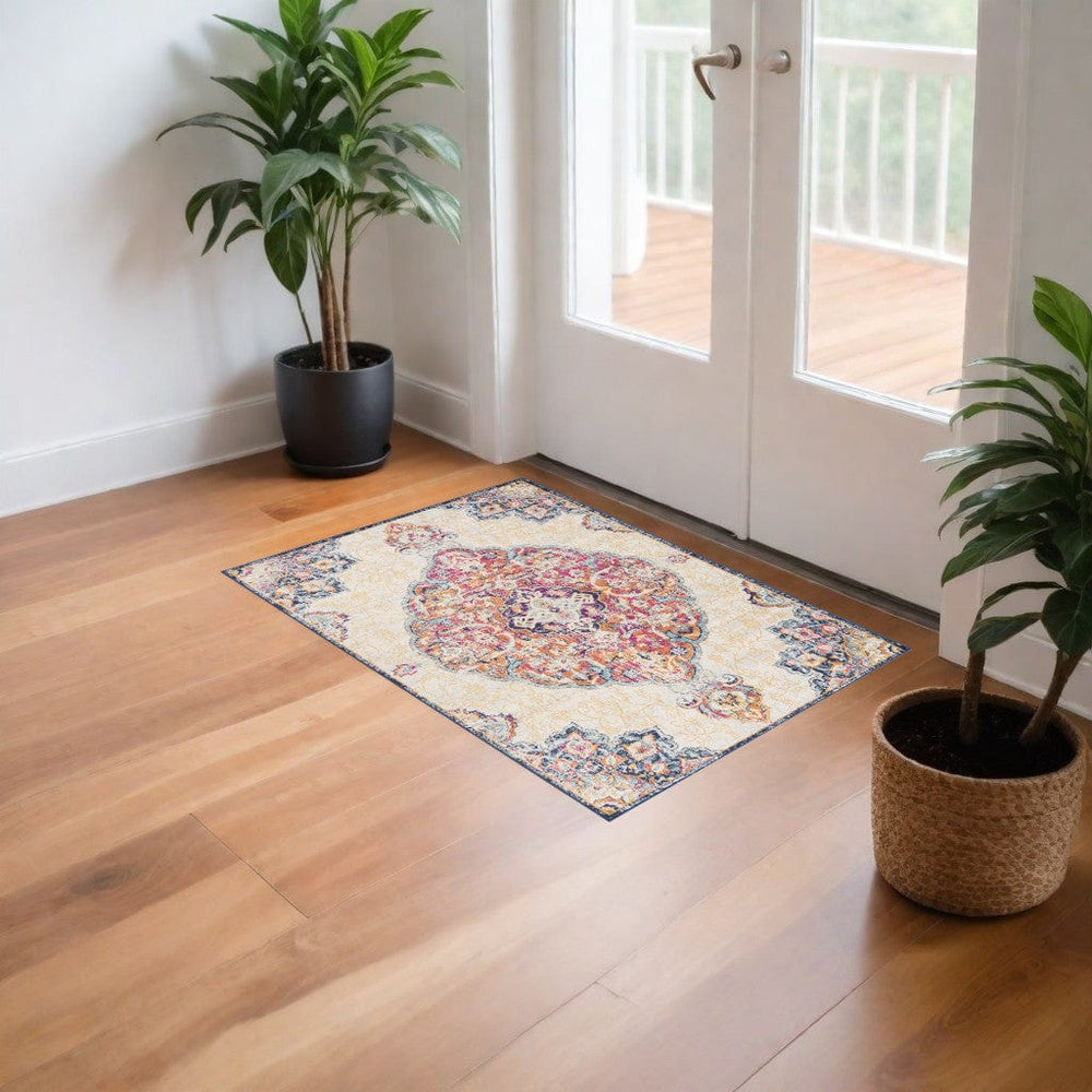 2' X 4' Blue and Beige Medallion Area Rug - Homeroots