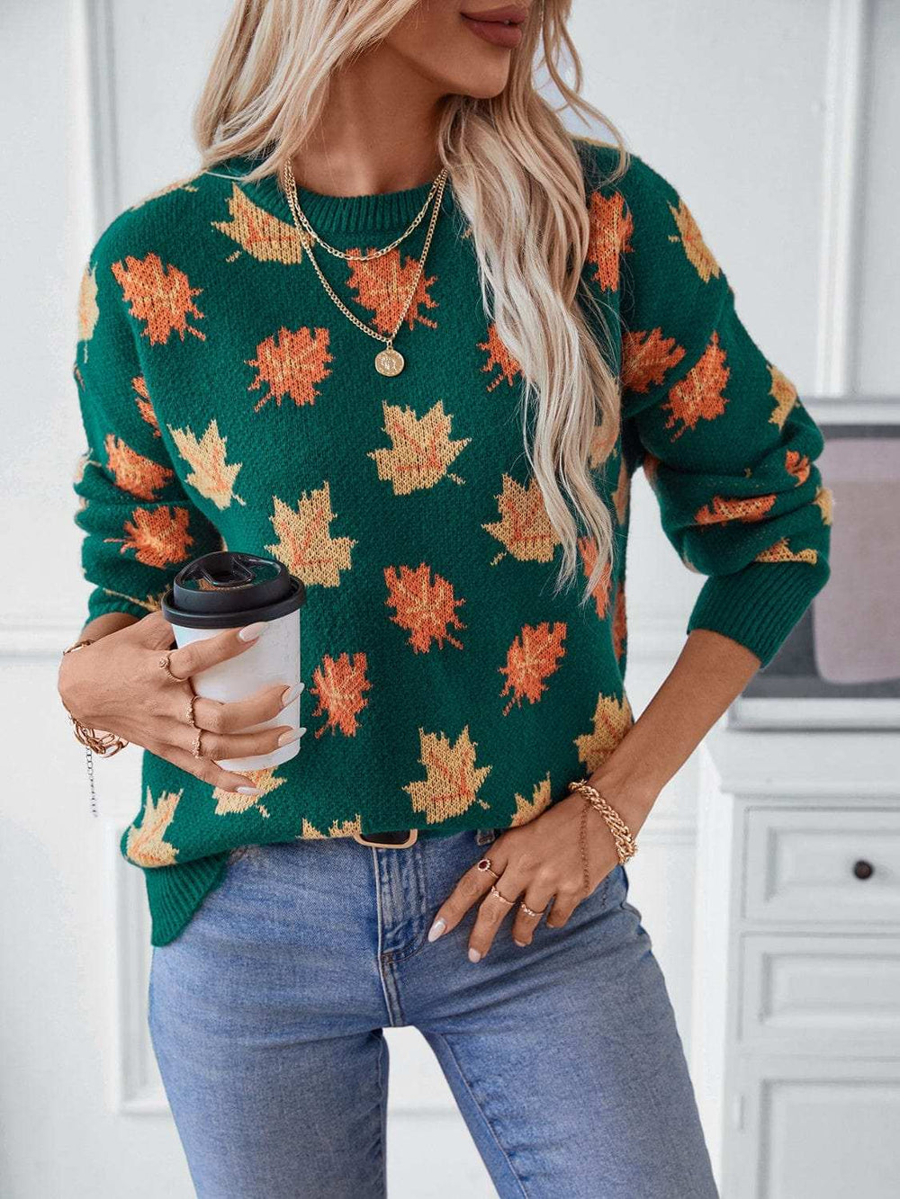Maple Leaf Round Neck Long Sleeve Sweater - Trendsi - Flyclothing LLC