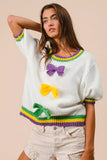 BiBi Short Puff Sleeve Ribbon Bow Mardi Gras Sweater - Trendsi - Flyclothing LLC