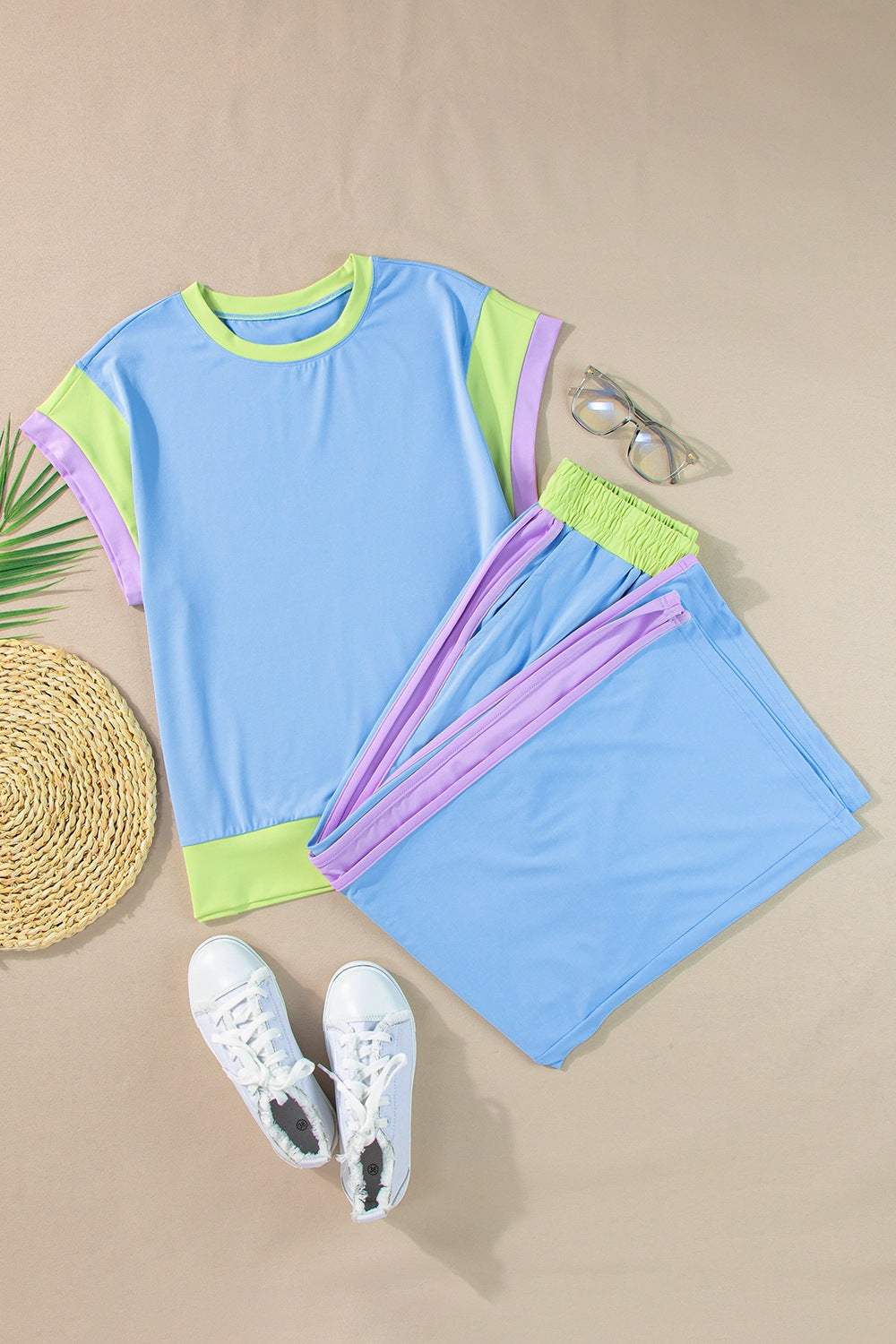 Contrast Round Neck Top and Pants Set - Trendsi - Flyclothing LLC