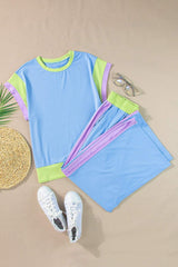 Contrast Round Neck Top and Pants Set - Trendsi - Flyclothing LLC