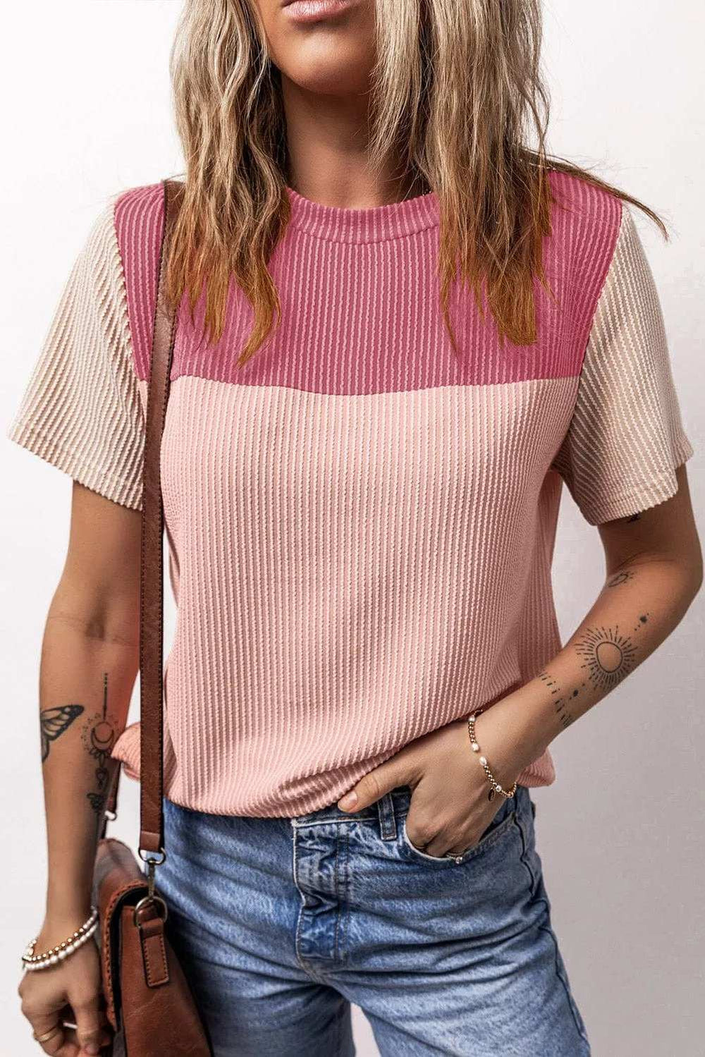 Color Block Round Neck Short Sleeve T-Shirt - Trendsi - Flyclothing LLC