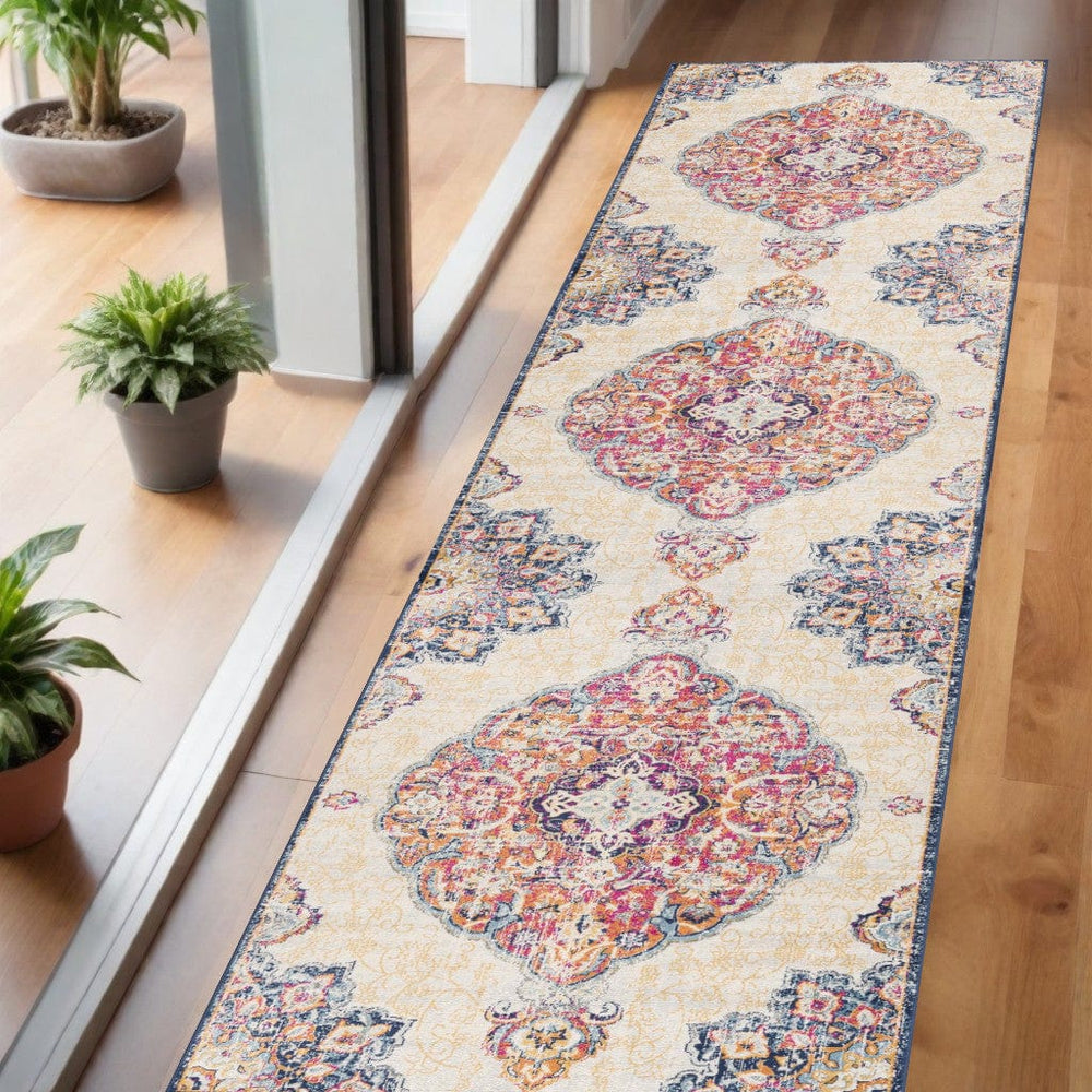 6' Runner Blue and Beige Medallion Area Rug - Homeroots