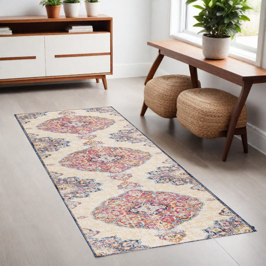 8' Runner Blue and Beige Medallion Runner Rug
