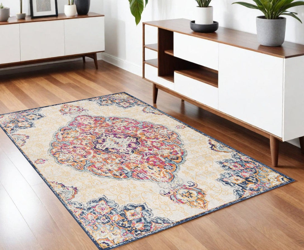 4' X 6' Blue and Beige Medallion Area Rug - Homeroots