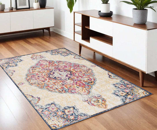 4' X 6' Blue and Beige Medallion Area Rug - Homeroots - Flyclothing LLC