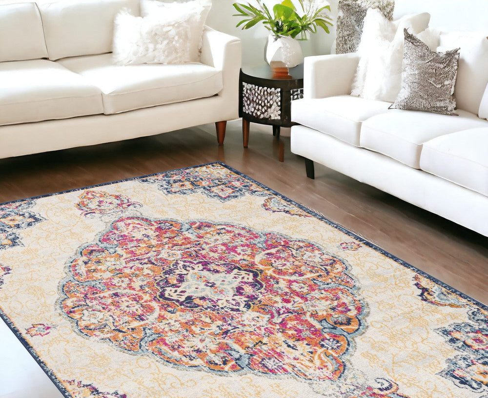 8' X 10' Blue and Beige Medallion Area Rug - Homeroots