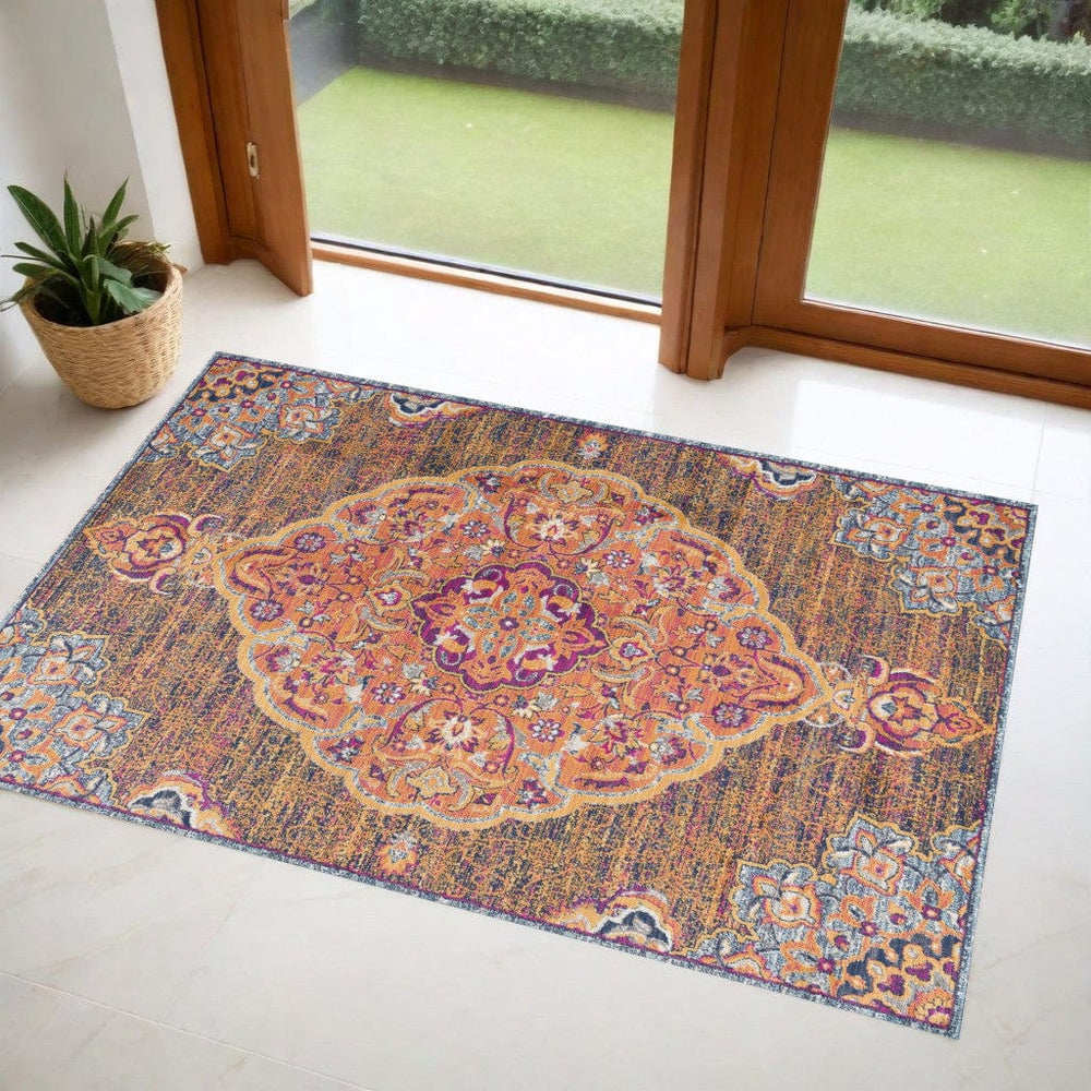 2' X 4' Rustic Orange Medallion Area Rug - Homeroots