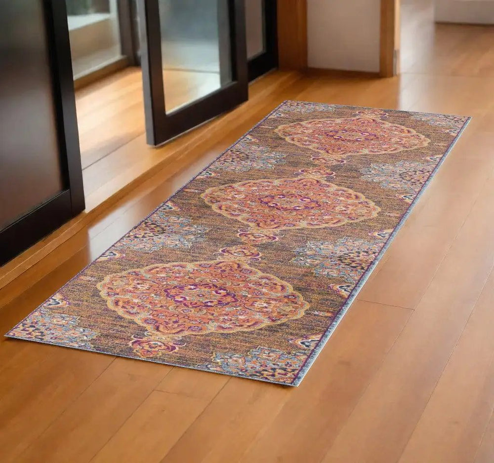 2' X 6' Rustic Orange Medallion Area Rug - Homeroots