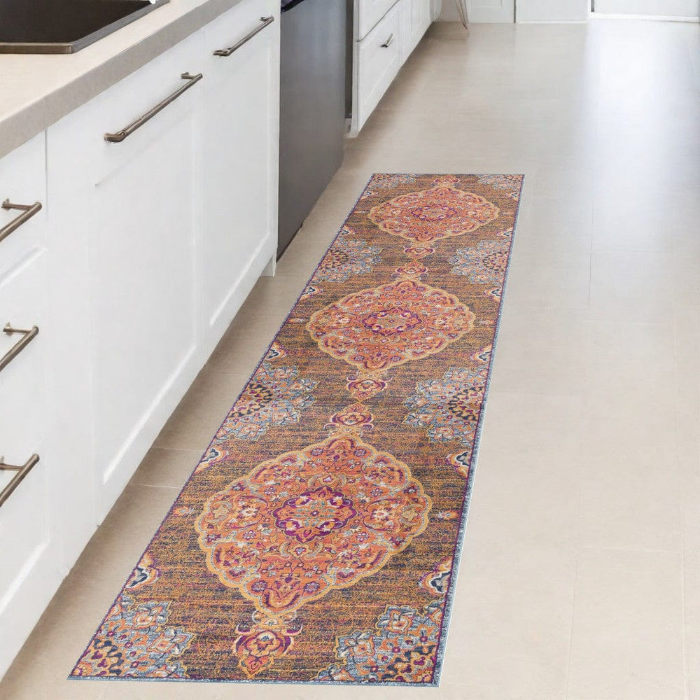 2' X 8' Rustic Orange Medallion Runner Rug - Homeroots