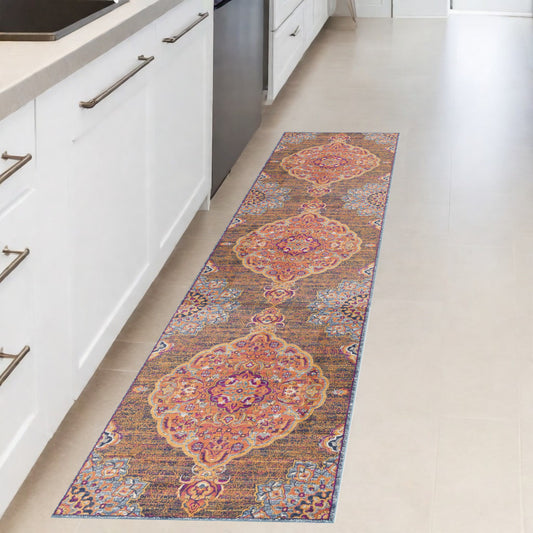 2' X 8' Rustic Orange Medallion Runner Rug