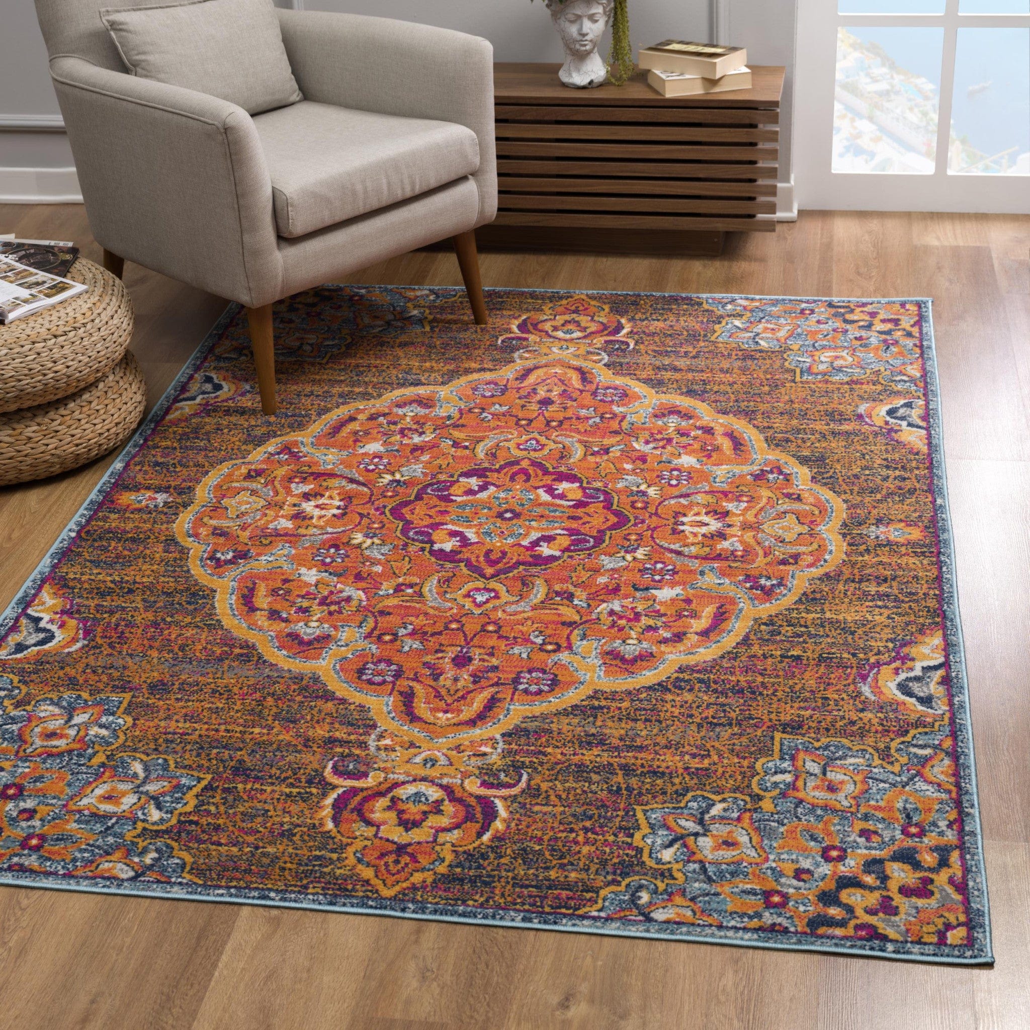 5' X 8' Rustic Orange Medallion Area Rug - Homeroots