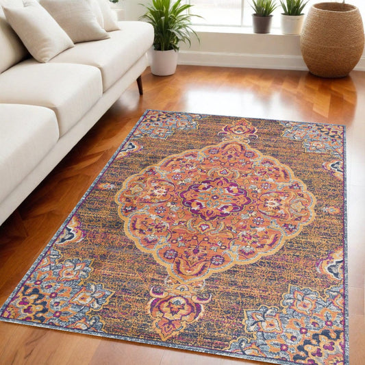 5' X 8' Rustic Orange Medallion Area Rug - Homeroots