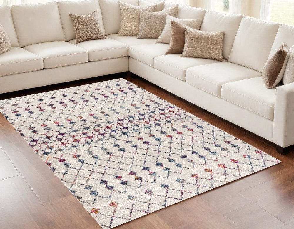 5' X 8' White Modern Geometric Grid Area Rug - Homeroots