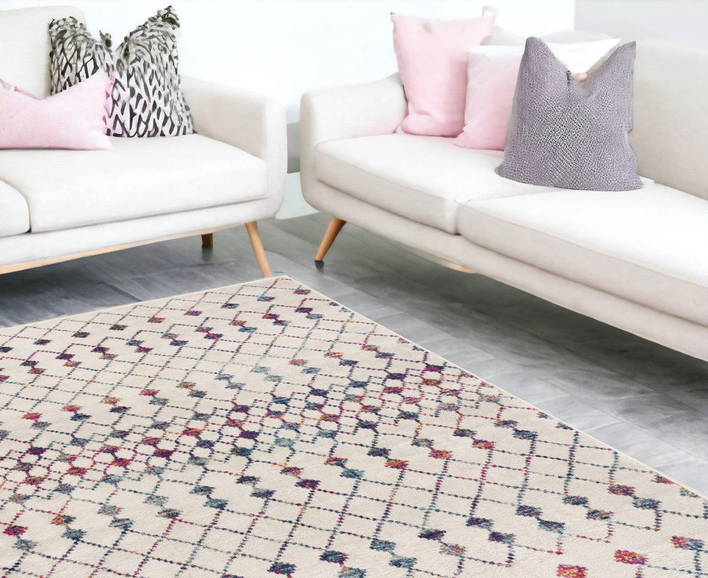 7' X 10' White Modern Geometric Grid Area Rug - Homeroots