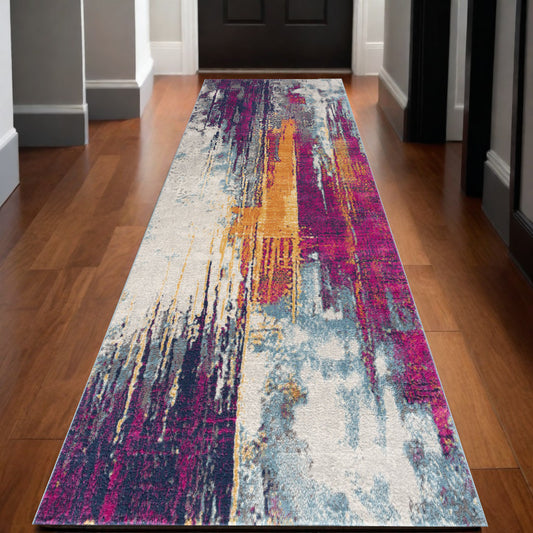 13' Runner Gray and Ivory Abstract Runner Rug