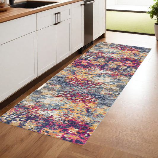 8' Runner Blue and Ivory Abstract Runner Rug