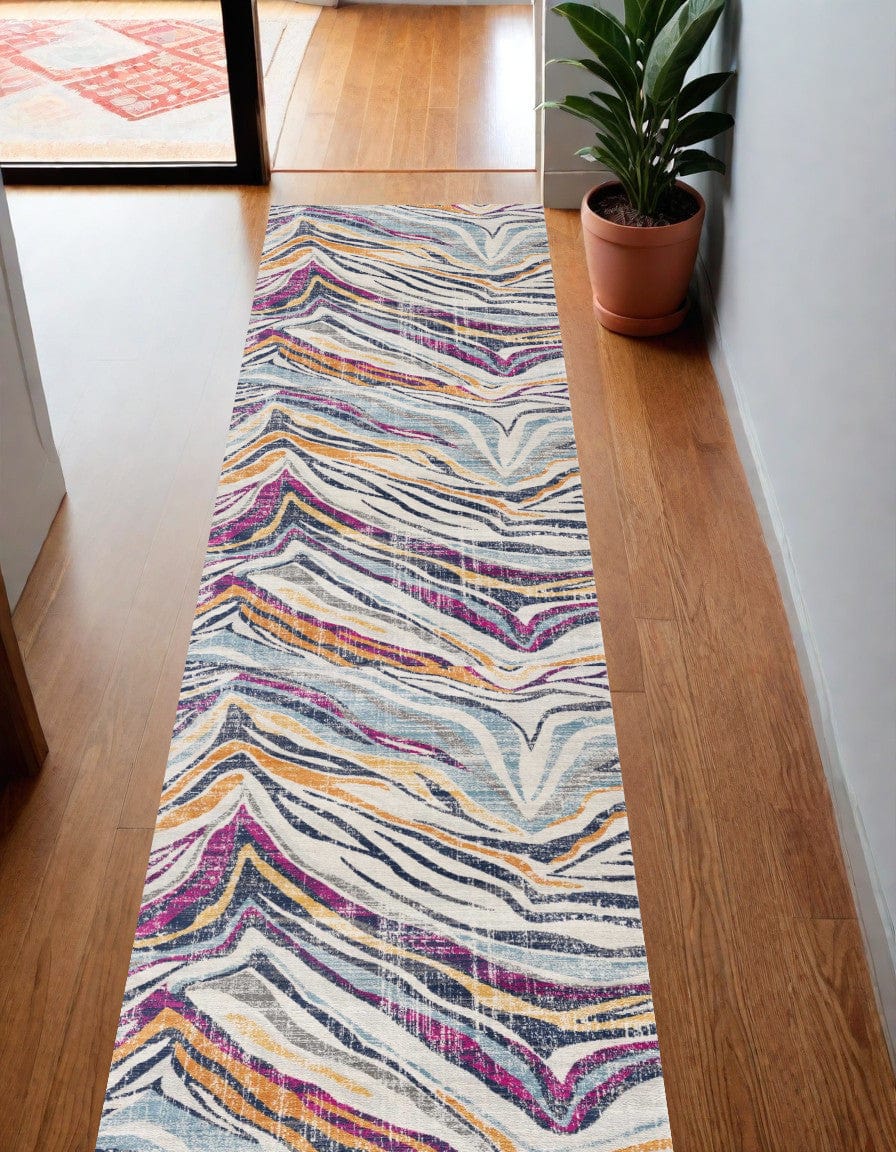 10' Runner Blue and Gold Abstract Runner Rug - Homeroots