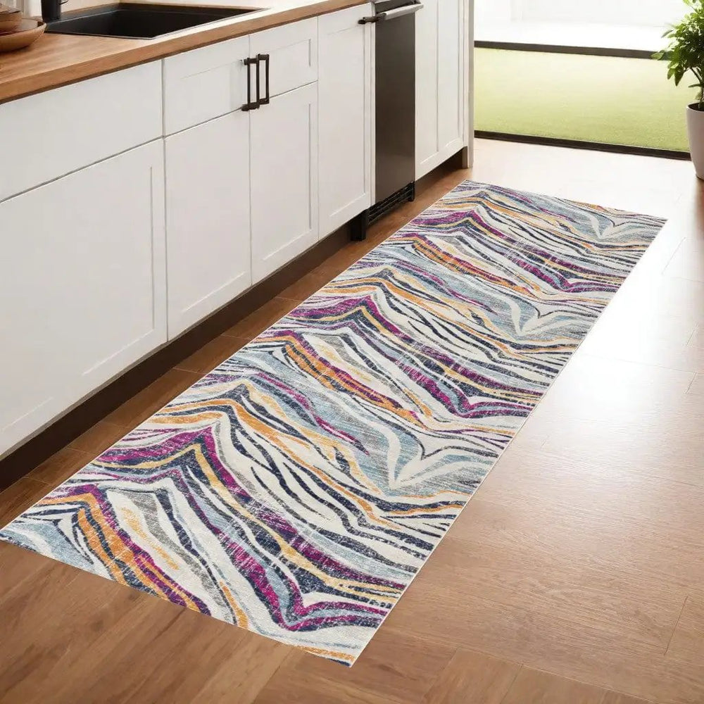 8' Runner Blue and Gold Abstract Runner Rug - Homeroots