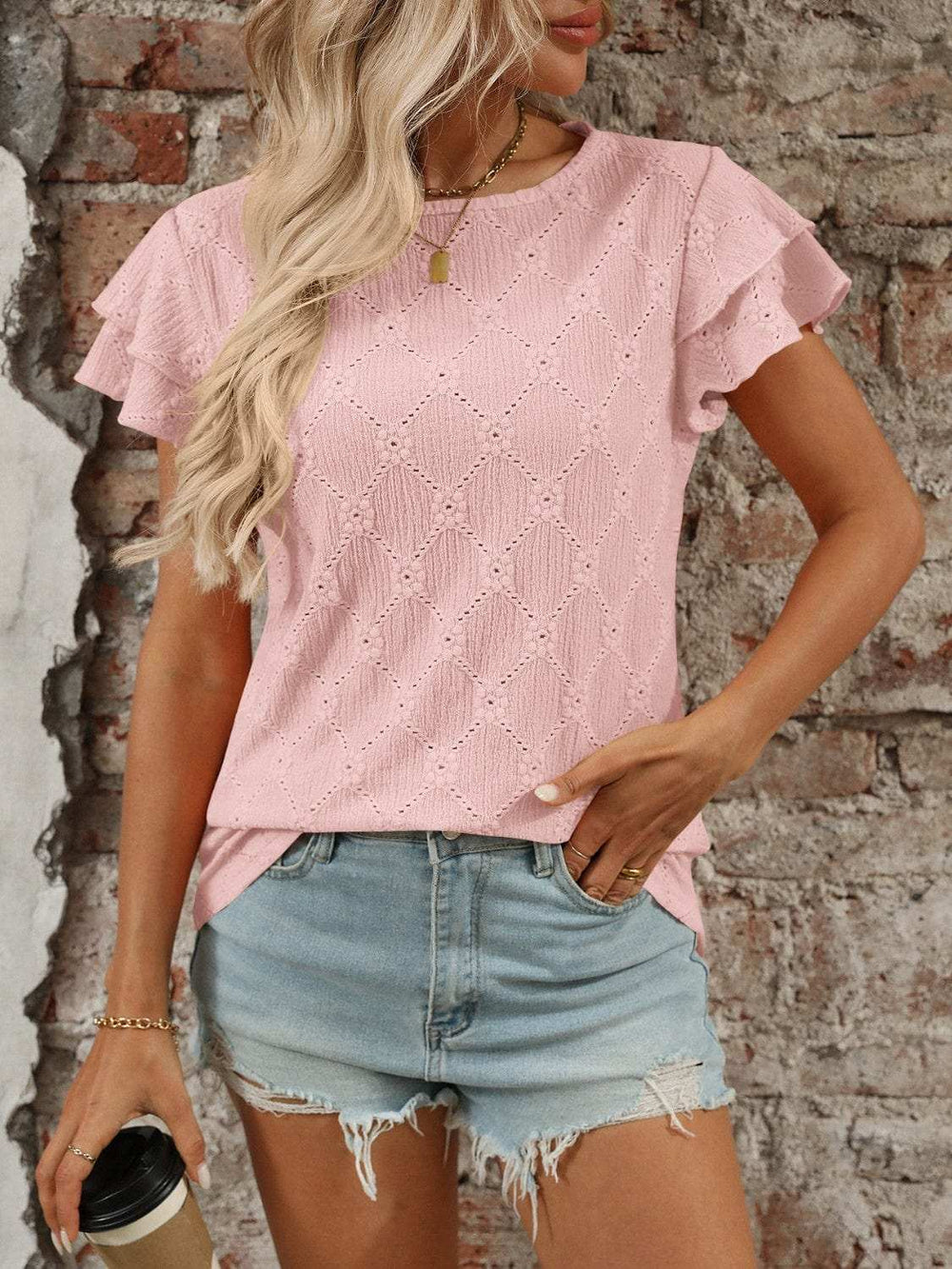 Eyelet Round Neck Double Layered Ruffled Short Sleeve Top - Trendsi - Flyclothing LLC