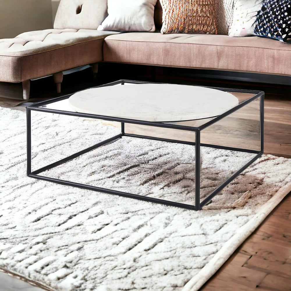 36" White And Black Genuine Marble And Metal Square Coffee Table - Homeroots - Flyclothing LLC