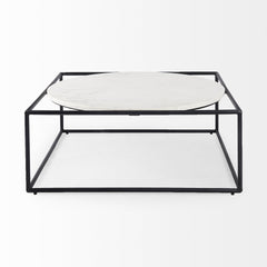 36" White And Black Genuine Marble And Metal Square Coffee Table