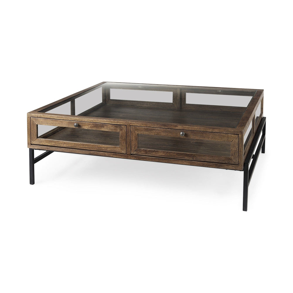 42" Dark Brown Glass And Metal Square Coffee Table With Shelf - Homeroots