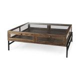 42" Dark Brown Glass And Metal Square Coffee Table With Shelf - Homeroots