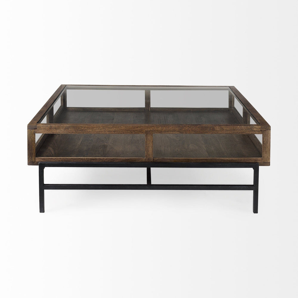 42" Dark Brown Glass And Metal Square Coffee Table With Shelf - Homeroots