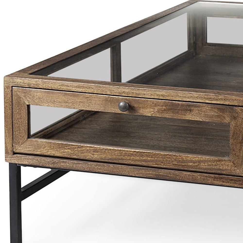 42" Dark Brown Glass And Metal Square Coffee Table With Shelf - Homeroots