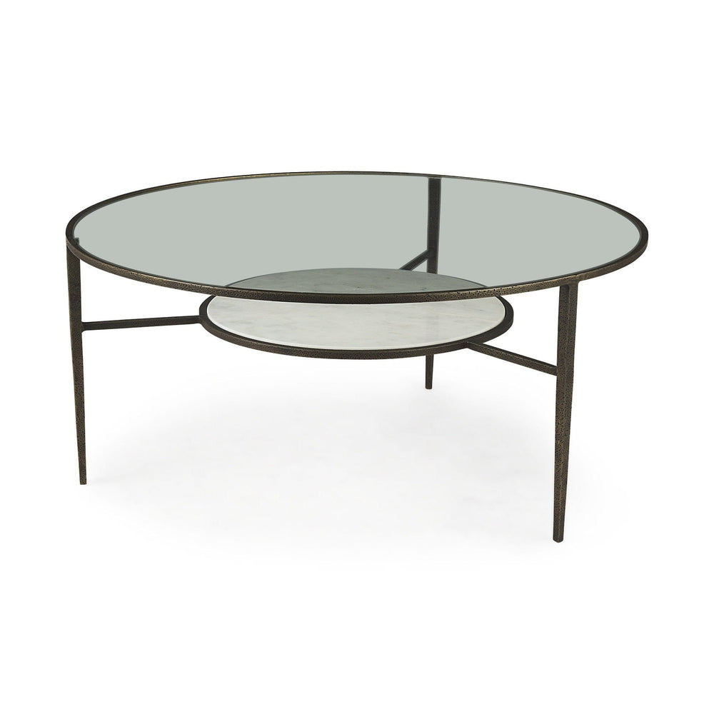 36" Clear And Bronze Glass And Metal Round Coffee Table With Shelf - Homeroots