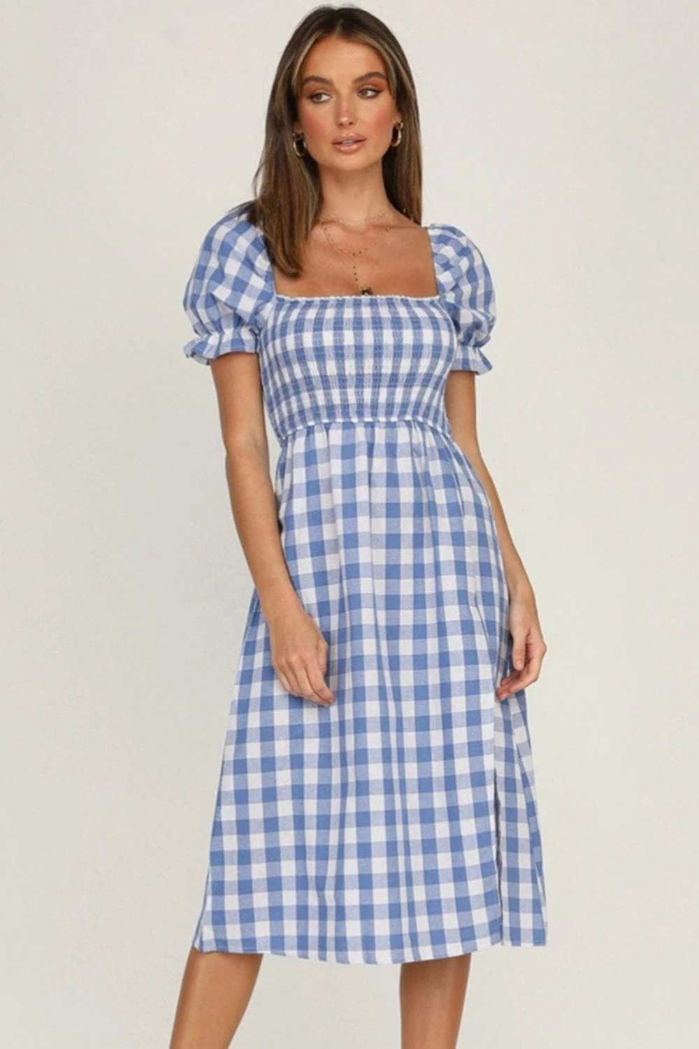 Full Size Slit Plaid Short Sleeve Midi Dress - Trendsi - Flyclothing LLC