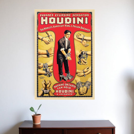 24" X 36" Houdini Handcuff King Vintage Magic Poster Wall Art - Homeroots