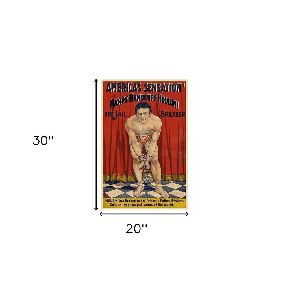 20" X 30" Houdini In Handcuffs Vintage Magic Poster Wall Art - Homeroots