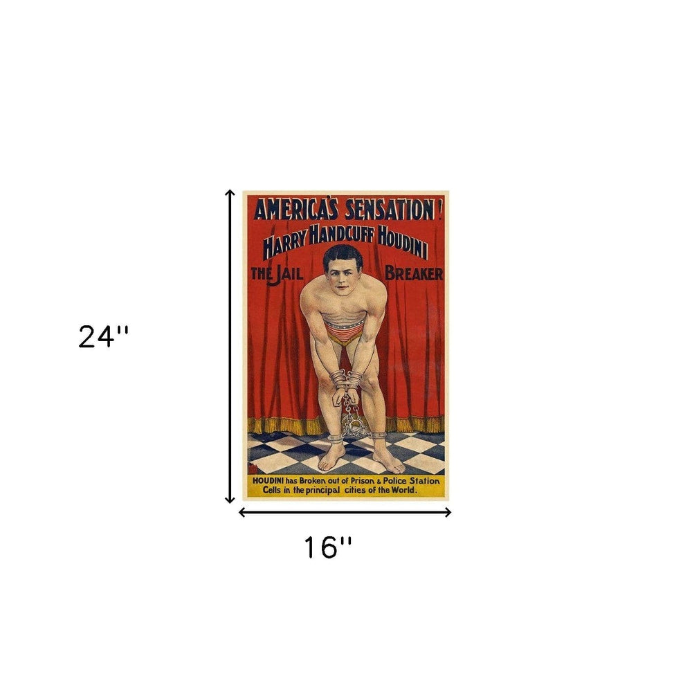 16" X 24" Houdini In Handcuffs Vintage Magic Poster Wall Art - Homeroots