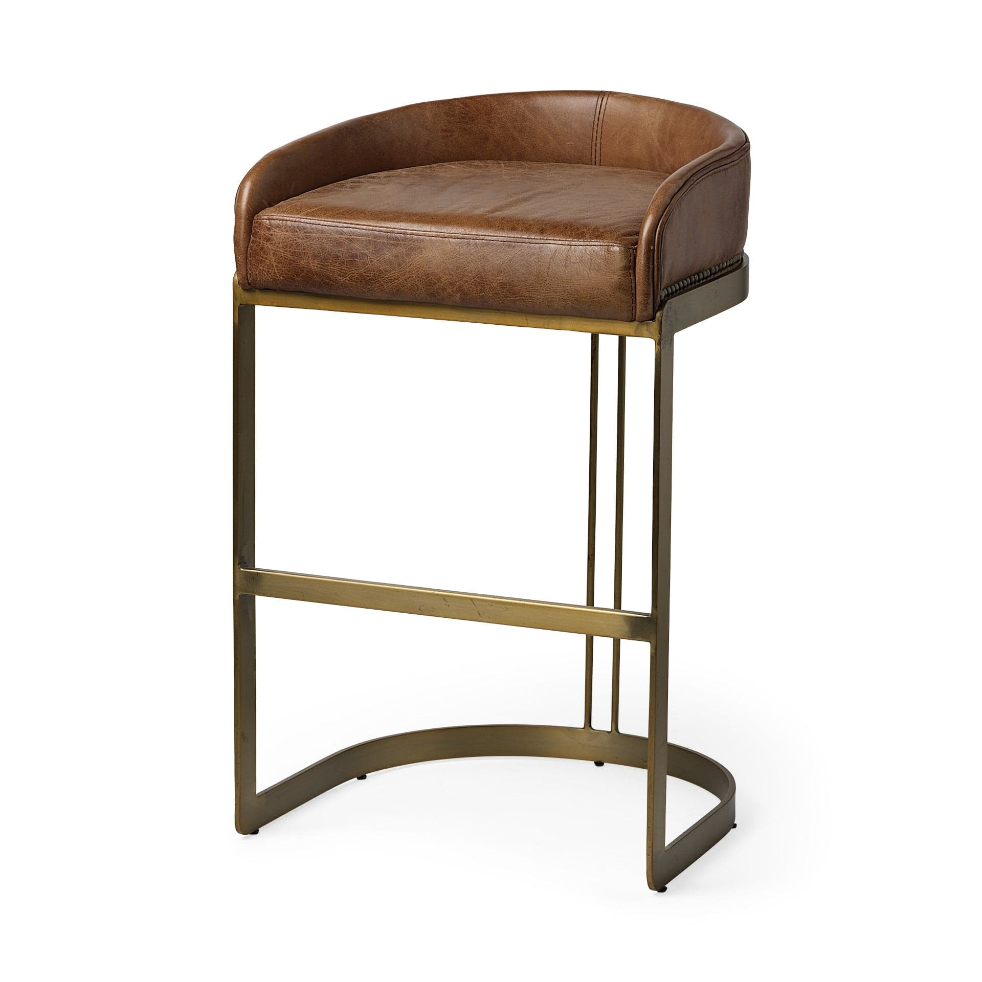 29" Brown Leather And Antiqued Brass Metal Low Back Bar Height Bar Chair - Homeroots