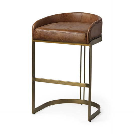 29" Brown Leather And Antiqued Brass Metal Low Back Bar Height Bar Chair - Homeroots