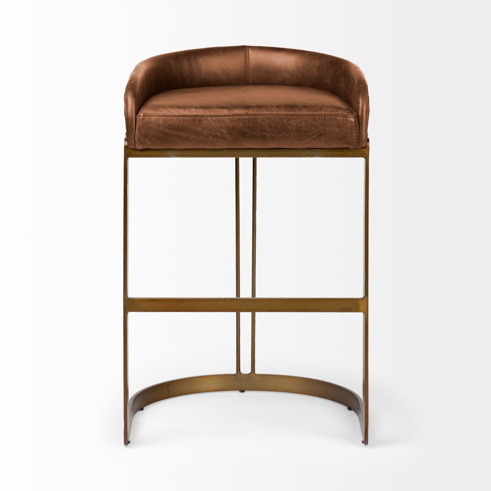 29" Brown Leather And Antiqued Brass Metal Low Back Bar Height Bar Chair - Homeroots - Flyclothing LLC