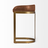 29" Brown Leather And Antiqued Brass Metal Low Back Bar Height Bar Chair - Homeroots