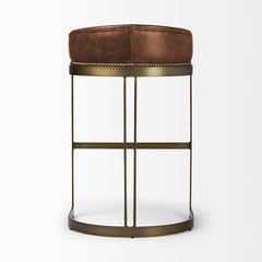 29" Brown Leather And Antiqued Brass Metal Low Back Bar Height Bar Chair