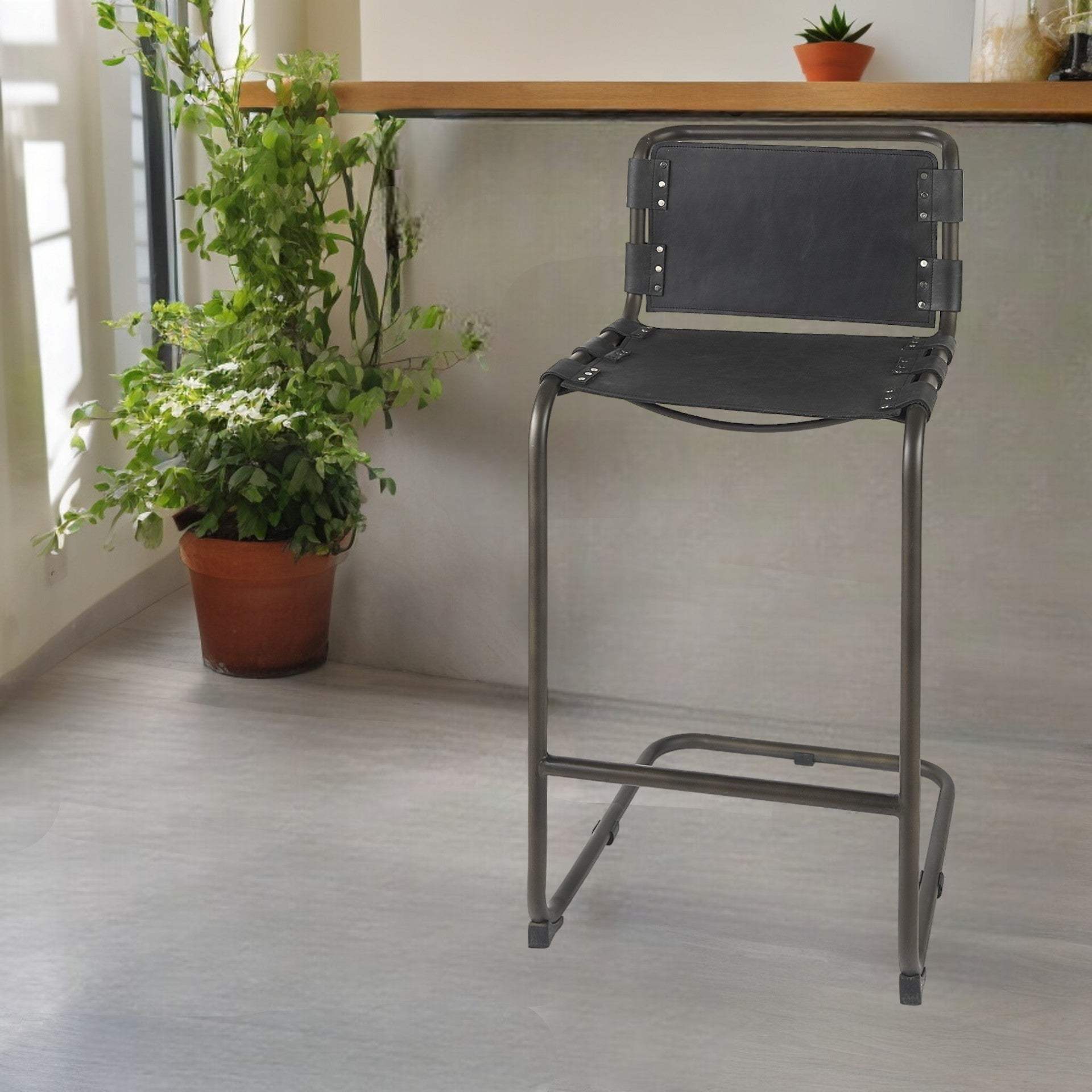30" Black And Gunmetal Gray Leather And Iron Bar Height Bar Chair - Homeroots - Flyclothing LLC