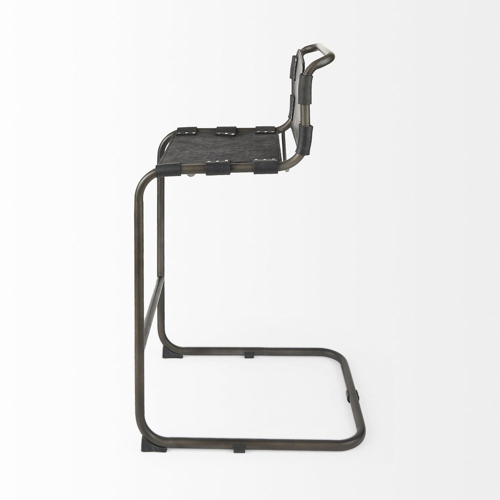 30" Black And Gunmetal Gray Leather And Iron Bar Height Bar Chair - Homeroots