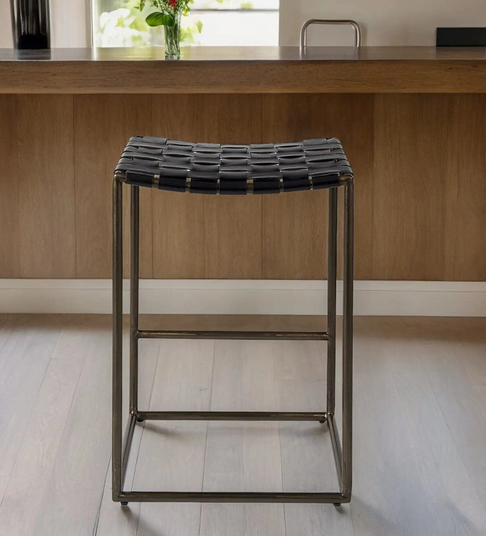 26" Brown And Black Leather And Iron Backless Counter Height Bar Chair - Homeroots