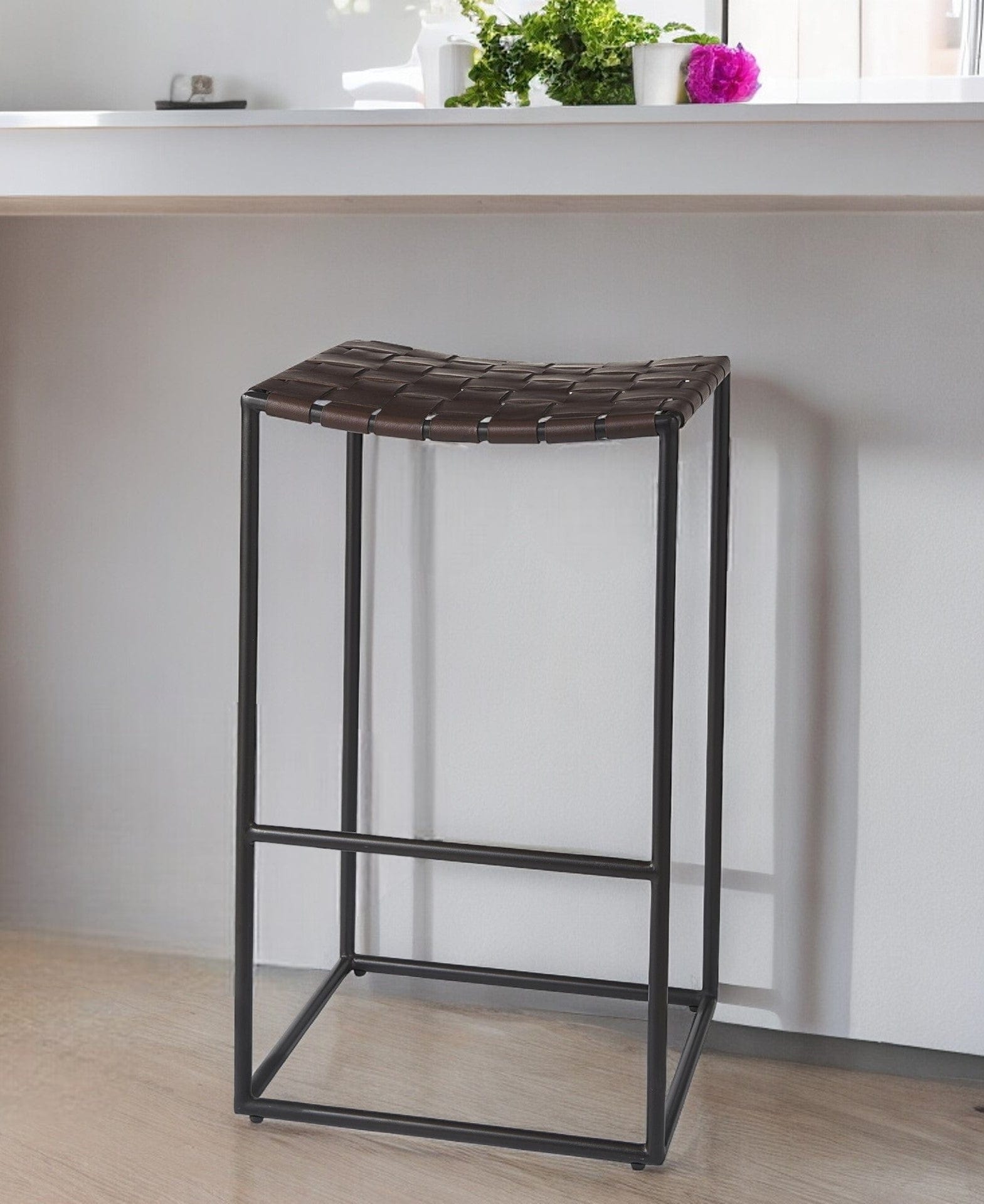 30" Brown And Black Leather And Iron Backless Bar Height Bar Chair - Homeroots - Flyclothing LLC