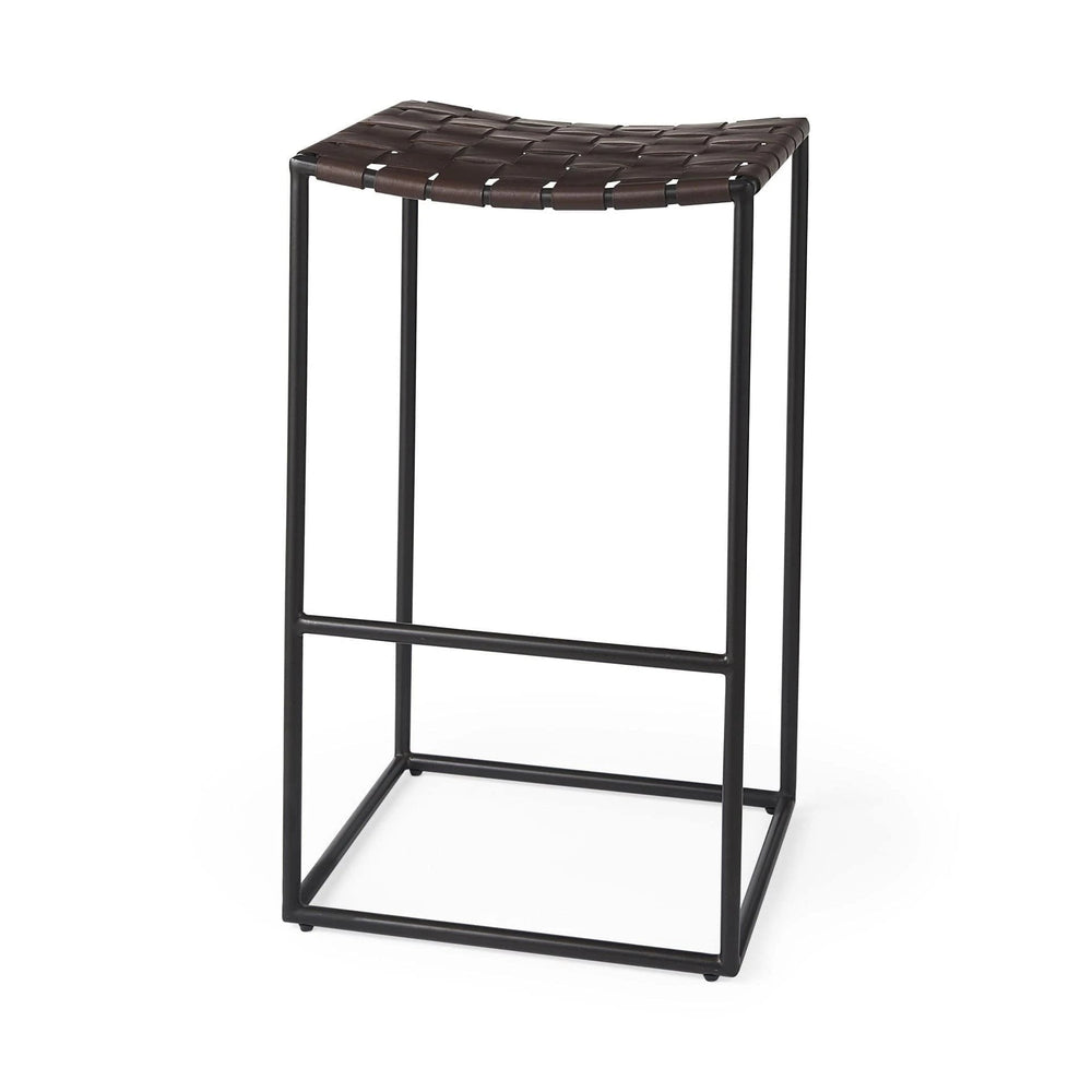 30" Brown And Black Leather And Iron Backless Bar Height Bar Chair - Homeroots
