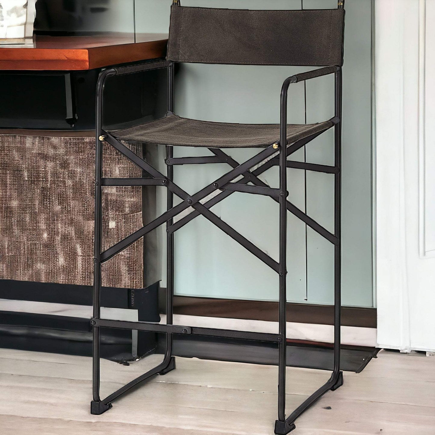 26" Brown And Black Leather And Metal Bar Chair - Homeroots - Flyclothing LLC