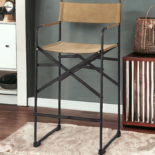 27" Brown And Black Leather And Metal Bar Chair