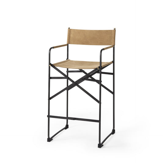 27" Brown And Black Leather And Metal Bar Chair